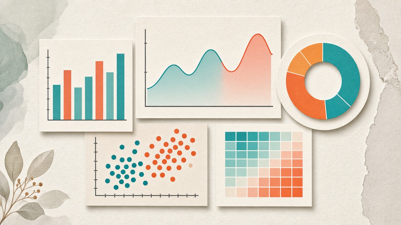 Collage of bar, line, donut, scatter, and heatmap charts — choosing the right visualization