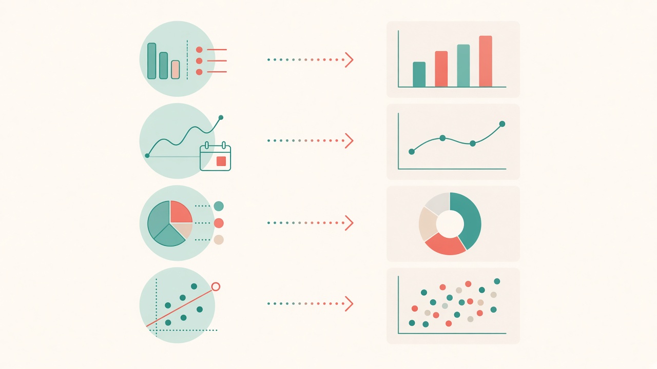 Visual guide matching data intents to chart types: compare to bars, trends to lines, composition to donuts, correlation to scatter