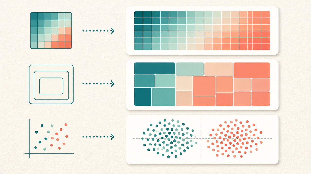 Visual guide: heatmap for density, treemap for hierarchy, scatter for relationships
