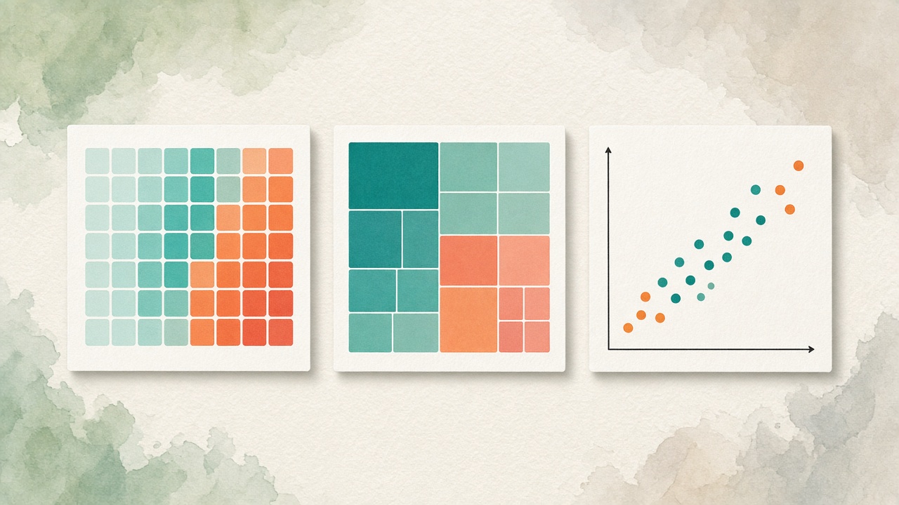 Heatmap, treemap, and scatter plot cards illustrating three advanced chart types