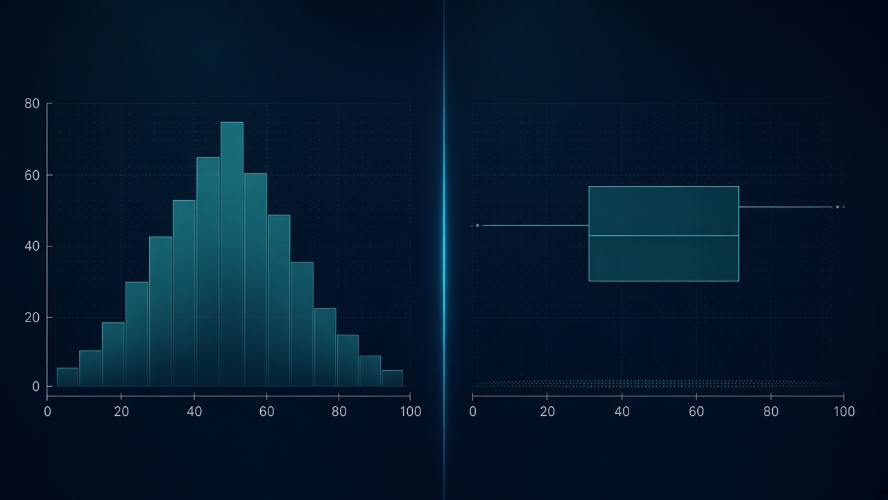 Histogram and box plot side by side, illustrating how each chart can misrepresent the same distribution