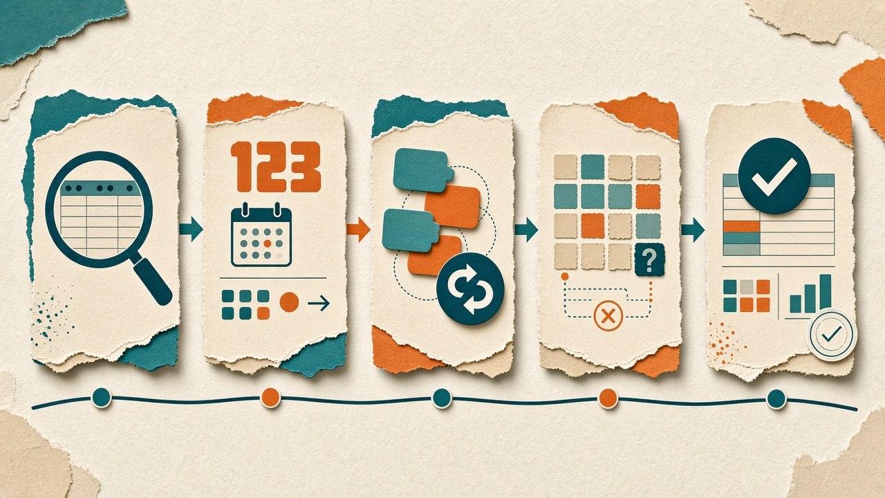 Data cleaning checklist: inspect headers, fix types, deduplicate, standardize categories, validate totals